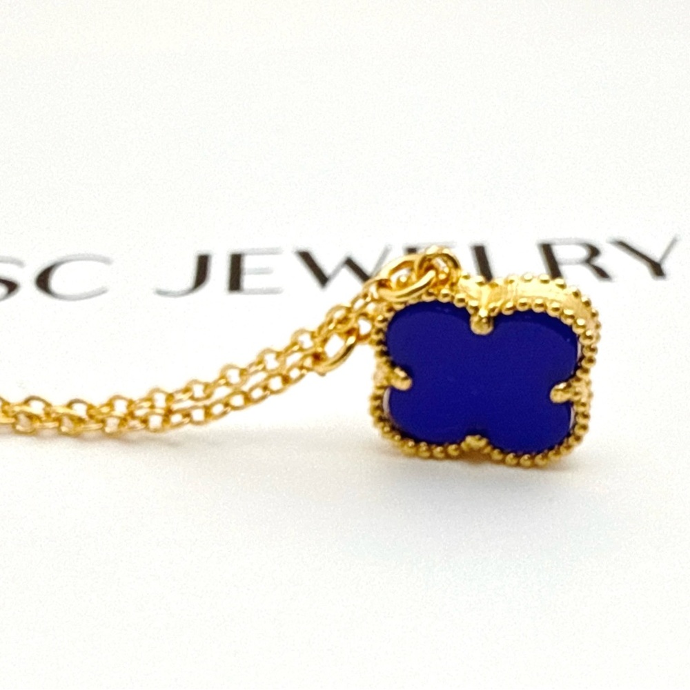 Last 1 🔥 Royal Blue Clover Necklace 14k Gold Tone Double Sided - Picture 10 of 13